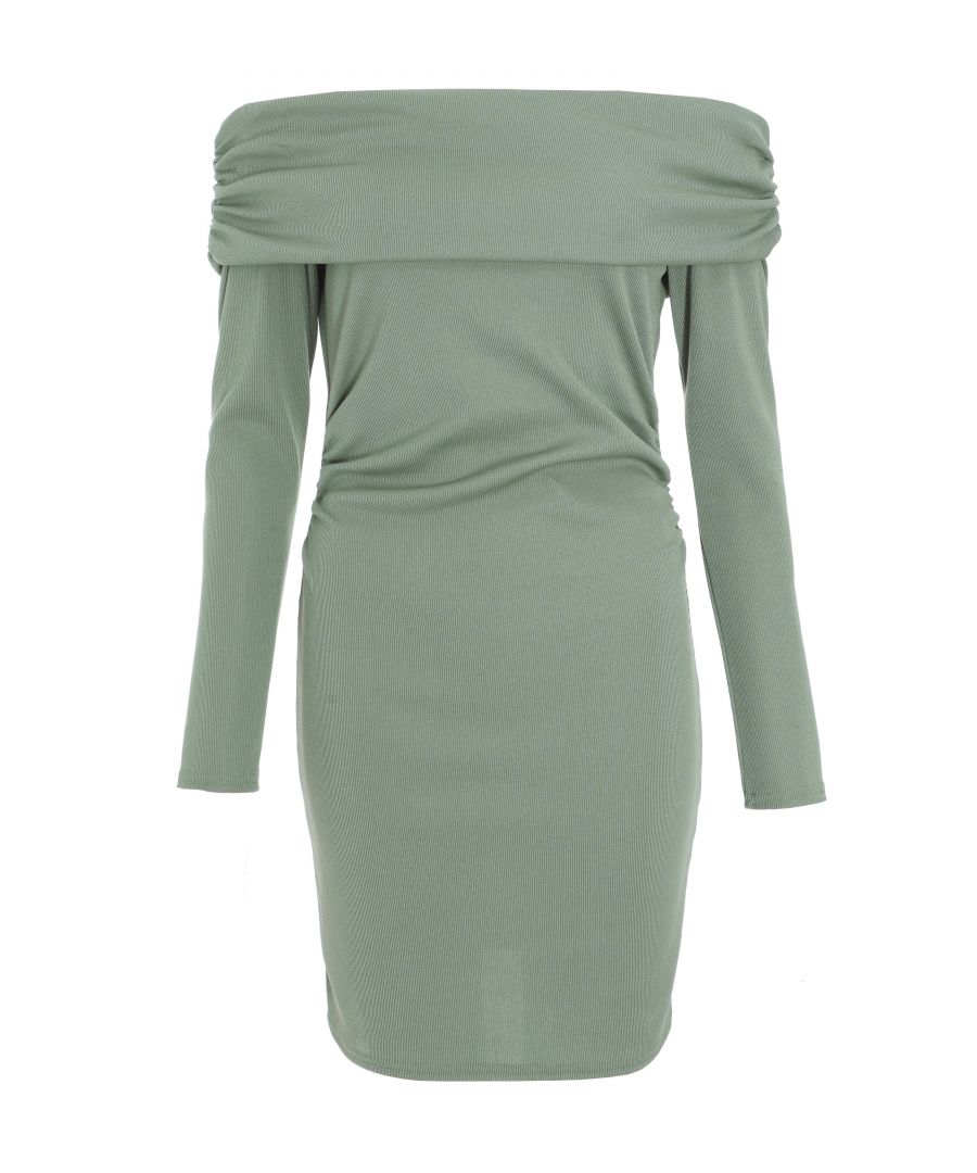 Quiz Womens Sage Ribbed Bardot Mini Ruched Dress - Green - Size 14 UK