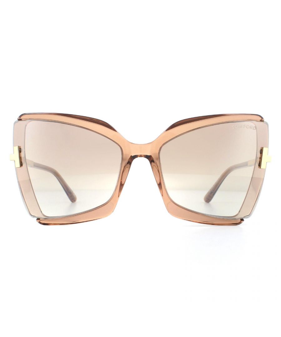 Tom Ford Sunglasses Gia FT0766 57G Shiny Beige Brown Mirror have an oversized butterfly shape and a strong square metal temple that accentuates to great effect the iconic metal Tom Ford T bar.