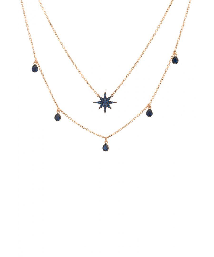 Design:\nJust as light shines in the darkness, so the Star is often considered a symbol of truth, spirit and hope.\nLet this chic and elegant double strand necklace be your new wardrobe staple. This gemstone necklace features two chains of differing length. Little droplets of zirconia adorn the shorter strand and a zircon adorned starburst is suspended from the longer length strand to add glitz and glam to any outfit.\nStars are often used to symbolise heavenly bodies, purity and good luck. \nLobster clasp and size adjuster for ease of wear.\nMaterials:\n925 sterling silver dipped in 22ct rosegold.\nHandset micro pave AAA grade sapphire blue cubic zirconia.\nStyle Notes:\nFor those who like a bit of sparkle. Perfect for everyday chic styling. Talismans and charms.\nDimensions:\nLength 40 - 45cm with size adjuster.\nPackaging:\nThis item is presented in Latelita London signature packaging\nCare Instructions:\nTo maintain your jewellery, wipe gently with a damp cloth that is soft and clean. Do not soak in water. Avoid contact with soaps, detergents, perfume or hair spray.