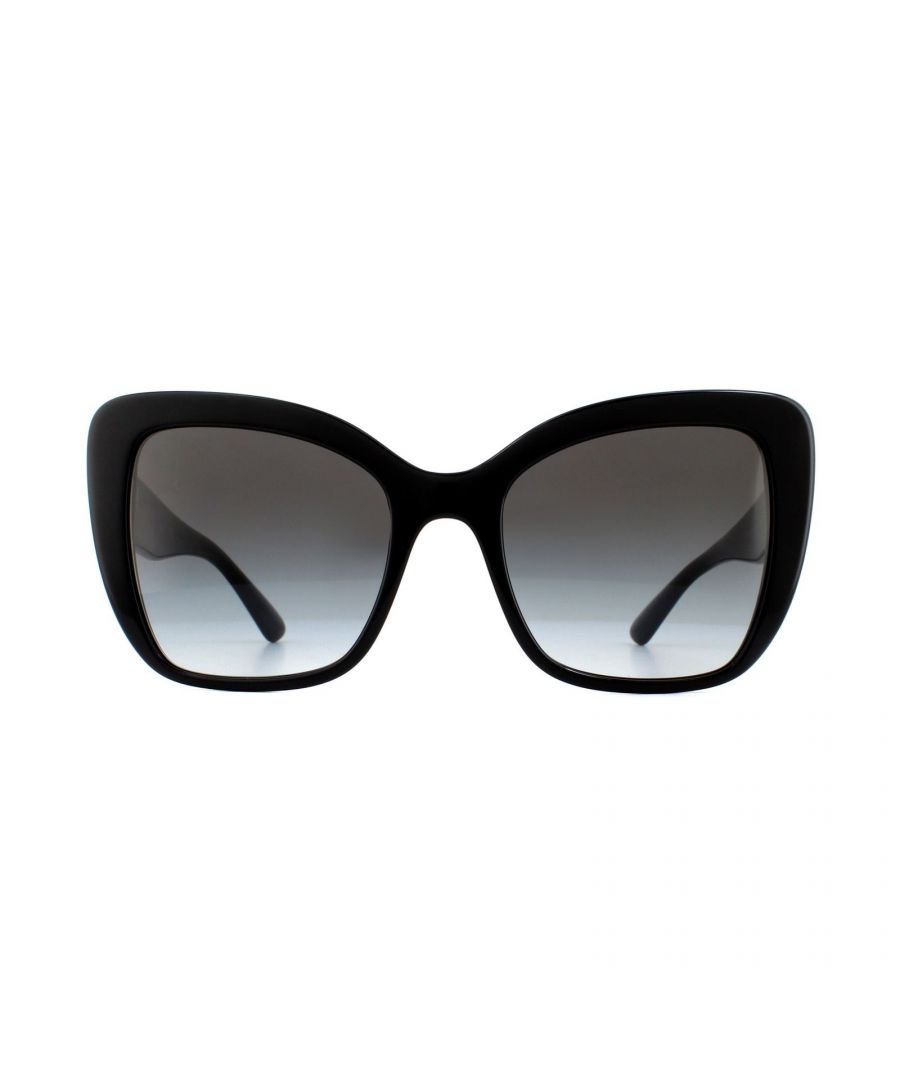 Dolce & Gabbana Sunglasses DG4348 501/8G Black Grey Gradient are a sophisticated oversized cat eye style for women. The DG4348 are a simple yet dramatic shape and perfect for a fashionista. The thick acetate frame features the Dolce & Gabbana logo in metal with a matching metal accent at the hinge.