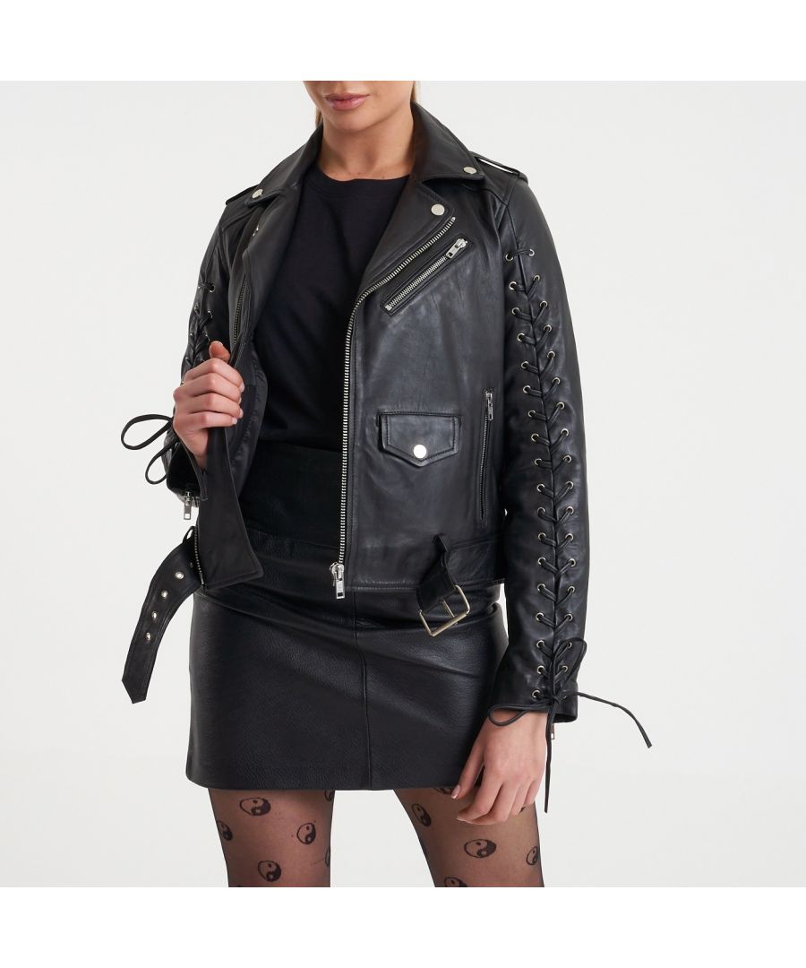 Grab a biker jacket that makes a statement. This iconic lace sleeve leather jacket from BARNEYS ORIGINALS is sure to turn heads. Made from 100% real leather, this super soft jacket is comfortable from the very first wear.
