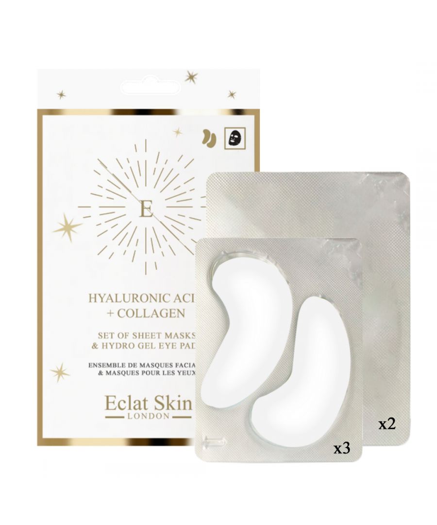 This is a perfect gift of Hyaluronic Acid & Collagen Eye Pads & Sheet Mask.\n\nThe kit contains:\n3 x hydro-gel eye pads\n2 x sheet masks\n\nDouble Collagen + Rose Hydro-Gel Eye Pads aims to rejuvenate, depuff and lock in moisture. Dual Collagen action aims to give the skin more firm look while rose is super antioxidant that aids in anti-ageing. The eye pads are filled with a serum that feels cool to the skin and is full of moisture. Pack contains 5 x 2 patches. \n\nDouble Collagen + Rose Hydro-Gel Eye Pads - Directions for usage: Apply each pad to the underside of each eye. Leave for 10-15 minutes. Remove and gently massage in any residue. Do not re-use the pads. Use weekly.\n\nDouble Collagen + Rose Hydro-Gel Eye Pads - Ingredients: Aqua, Glycerin, Propylene Glycol, Carrageenan, Collagen Amino Acids, Panthenol, Glucose, Betaine, Saccharomyces Cerevisiae Extract, Rhodiola Rosea Root Extract, Soluble Collagen, Phenoxyethanol, Potassium Chloride, Potassium Sorbate, Ethylhexylglycerin, Pentylene Glycol, Styrene/Acrylates Copolymer, Coco-Glucoside, Synthetic Fluorphlogopite, Silica, Citric Acid, Sodium Benzoate, CI 77891, CI 77861.\n\nTwo luxury 30-minute hydration treatment sheet masks with a pioneering formula that contains Hyaluronic Acid, Collagen, Algae Extract and three natural extracts high in antioxidants. Designed to hydrate, nourish and plump dehydrated and dull looking skin. Use before makeup, special event or as a weekly relaxation and hydration treatment.\n\nSheet Masks Directions for usage: Apply mask to clean, dry skin, and smooth out with fingers. Take the mask off after approximately 30 minutes. Delicately massage the remaining serum in, and allow it to be fully absorbed or wipe away with a cloth.\n \nSheet Masks Ingredients: Aqua, Glycerin, Butylene Glycol, Natto Gum, Sodium Hyaluronate, Portulaca Oleracea Extract, Ginkgo Biloba Leaf Extract, Morus Alba Root Extract, Algae Extract, Allantoin, Hydrolyzed Collagen, Ethyl Hexanediol, Caprylyl/Capryl Glucoside, 1,2-Hexanediol, Dipotassium Glycyrrhizate, Cyclopentasiloxane, Carbomer, Disodium EDTA, Phenoxyethanol, Sodium Hydroxide, Parfum.