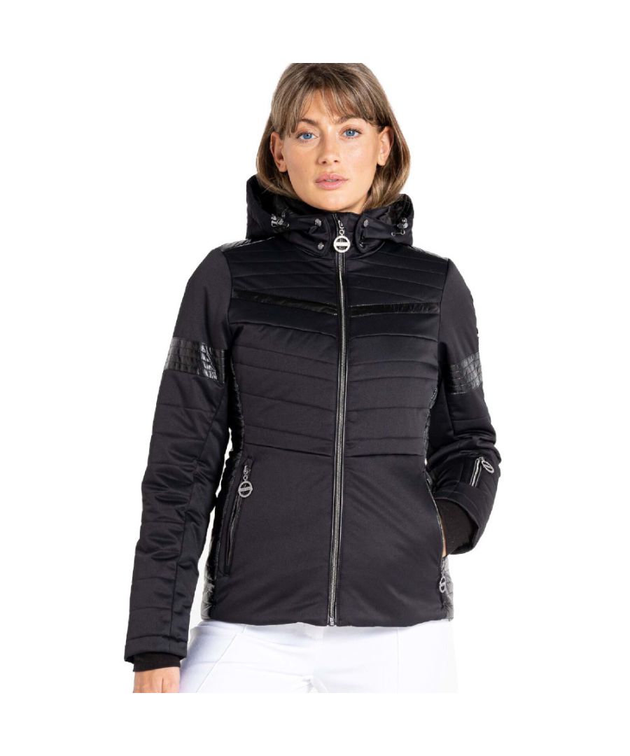 Waterproof & breathable stretch satin touch fabric - Ared 10,000. Durable water repellent finish. Critically taped seams for waterproof protection where you need it most. Recycled high warmth padding. Complete ski features (incl ski pass pocket and detachable snowskirt). Metal luxe badge & zip pullers embellished with crystals. Detachable hood with adjusters. Velvet touch inner collar. Metal effect centre front zip with inner zip and chin guard. Quilted side panel design for a sleek silhouette. Articulated sleeve design for unrestricted movement. Warm inner sleeve cuffs. 2 x lower pockets with metal effect zips. Adjustable shockcord hem system. Inner zip pocket & a mesh stow pocket. Quilted inner recycled lining with cire print & fleece back panel. This product recycled 12 plastic bottles (500ml size).