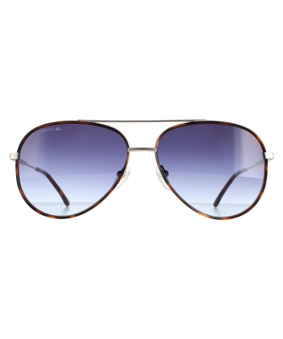 Lacoste Aviator Mens Matte Light Grey Blue Gradient L247S  L247S are a sleek aviator style crafted from lightweight metal. The silicone nose pads and plastic temple tips ensure all day comfort. Lacoste's emblem features on the slender temples for brand authenticity.