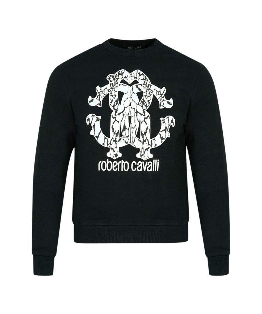 Roberto Cavalli Lynx Mogogram print logo zwart sweatshirt. Roberto Cavalli zwarte trui met ronde hals. Roberto Cavalli-branding. 100% katoen. Geribbelde mouw- en taille-uiteinden. Stijl: IST68K CF050 05051