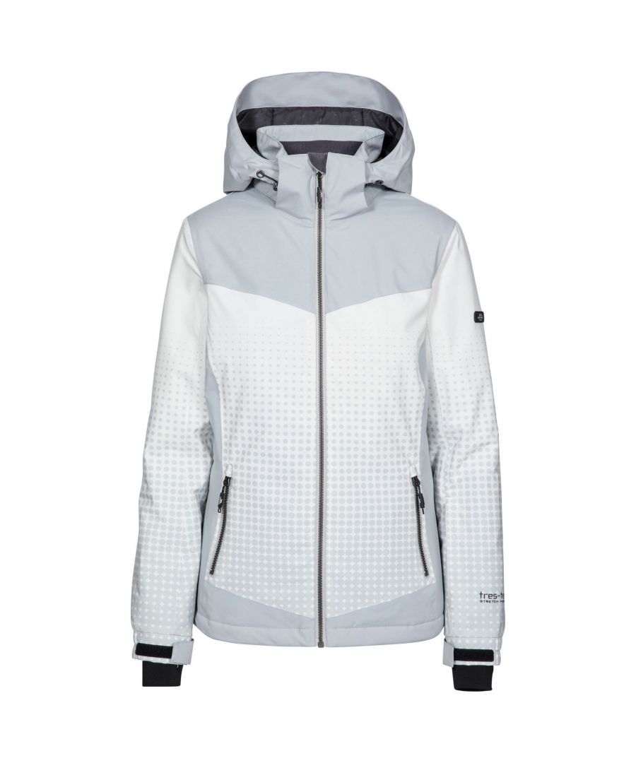 Outer Materials: 90% Polyester, 10% Elastane. Fabric: TPU, Woven. Filling Material: 100% Polyester. Lining Material: 100% Polyester. Design: Colour Block, Polka Dot. Badge, Breathable, Detachable Snowskirt, Drawcord Hem, Inner Storm Flap, Padded, Taped seam, Underarm Zips. Fabric Technology: Four Way Stretch, TP75, Windproof. Cuff: Adjustable, Inner Wrist Guard. Neckline: Hooded, Zip Neck. Sleeve-Type: Long-Sleeved. Hood Features: Detachable Hood, Zip-Off. Pockets: 2 Zip Pockets, Ski Pass Pocket, 1 Inner Pocket. Fastening: Zip. 5000g/m²/24hrs. Waterproof Rating: 5000mm.