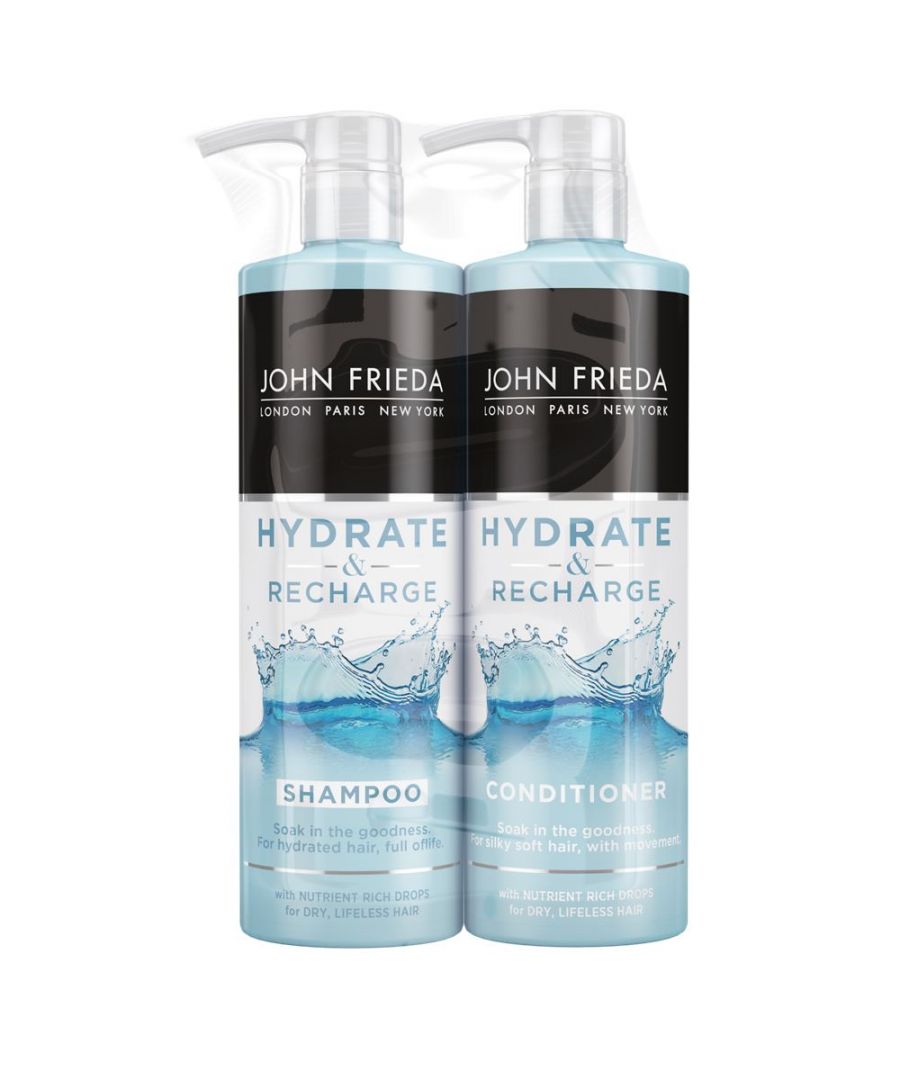 John Frieda Hydrate & Recharge Dry Hair Shampoo & Conditioner 500ml Duo Pack.  Quench thirsty, lifeless hair with a surge of moisture. Infused with nutrient-rich drops containing Monoi Oil and Keratin, this Hydrate & Recharge Shampoo transforms dry, dehydrated strands, whilst the Hydrate & Recharge Conditioner nourishes dry, brittle strands for touchably soft, silky hair that moves with you.\n\nSet Contains:  1x John Frieda Hydrate & Recharge Dry Hair Shampoo 500ml & 1x John Frieda Hydrate & Recharge Dry Hair Conditioner 500ml