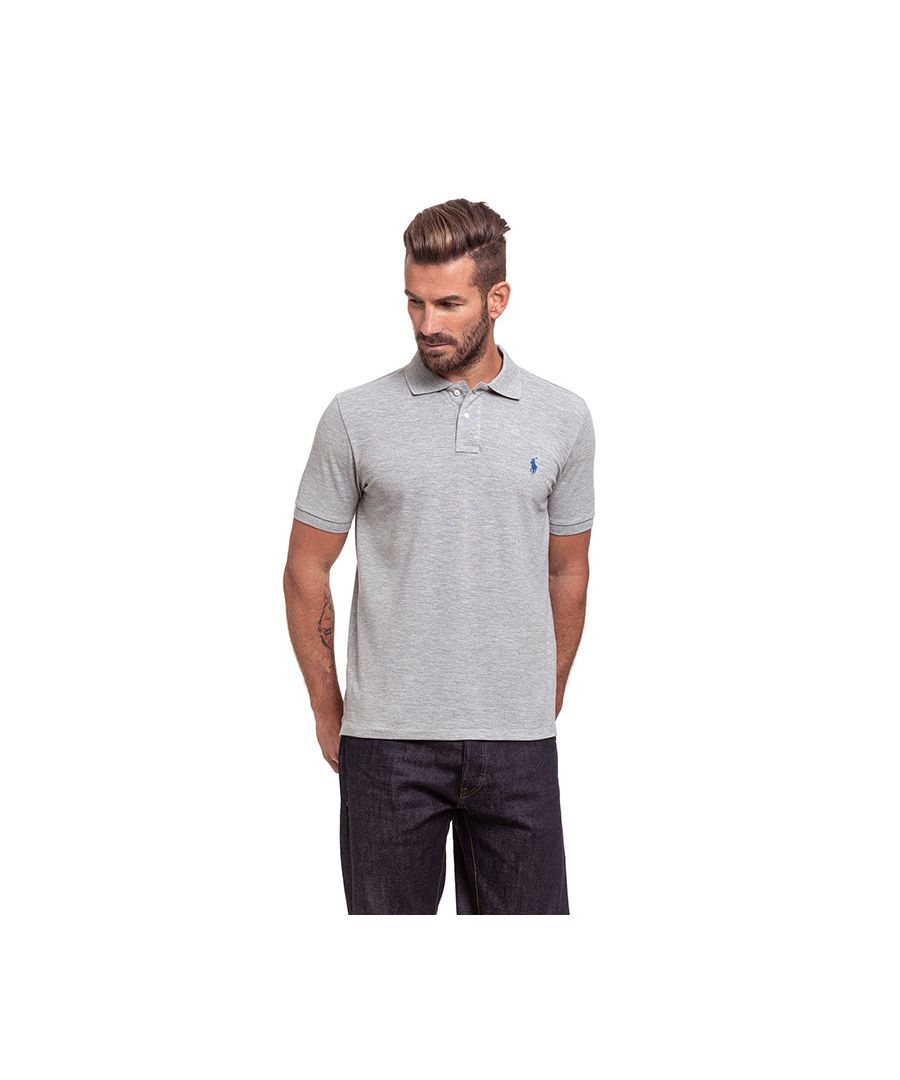 Ralph Lauren Short Sleeve Polo in Grey | 100% cotton. These original men's designer short sleeve Ralph Lauren polos feature the brand's logo and a button-down collared neckline. Crafted With 100% cotton, these lightweight and breathable regular fit polos are suitable for casual or workwear.