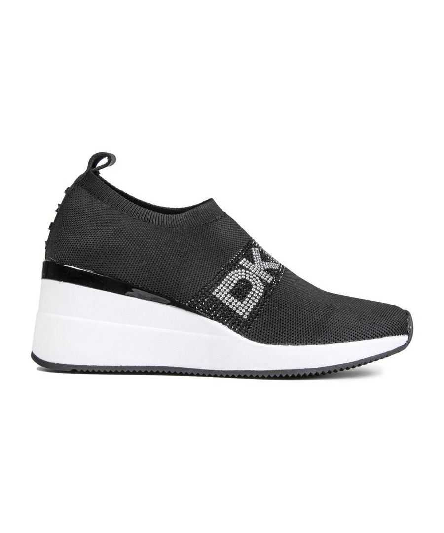 Stylish And Sleek, The Black Wedge Slip-on Trainer Parks From Dkny Is The Perfect Solution For Any Fashionista Looking For A Stylish Shoe Offering Height And A Sock Like Feel Without Compromising On Practicality. The Silver Metal Heel Detail, Embellishment And Branding Add Designer Vibe.