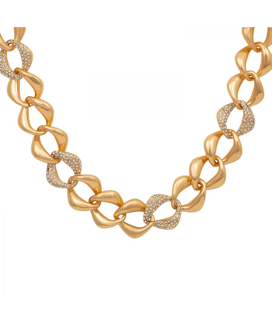 Kate Thornton The Woman in Me Gold Necklace is a textured chunky gold chain with subtle pave stones to make this a go to piece day or night. \n\nThis versatile chunky gold chain makes this bold and striking necklace so easy to style with jeans and a t-shirt, or layering it over a dress or sweater for those special nights out.\n\nNecklace measures 15 inch with a lobster clasp fastening and 6cm extender chain.