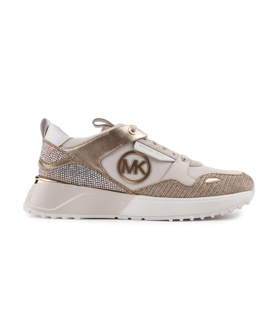 This Michael Kors Theo Trainer Is The Ultimate In Stylish Comfort. Featuring A Metallic Mixed Upper With Dazzling Diamante And Branding Details And An Eye-catching Design, These Designer Shoes Have Beautiful Gold Detailing And Signature Mk-logo On The Side For A Stand Out Smart-casual Fashion Look.