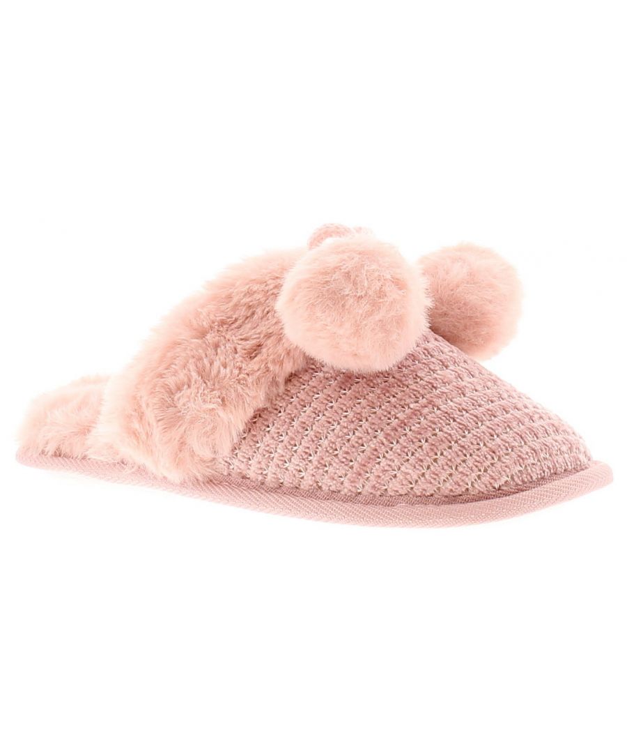 Kisses Girls Mule Slippers Fluffy Pompom Pink Dual Size. Fabric Upper. Fabric Lining. Fabric Sole. Girls Chenille Step In Mule Slipper. This Style Uses Dual Sizing: S=11/12  M=13/1  L=2/3  Xl=4/5.