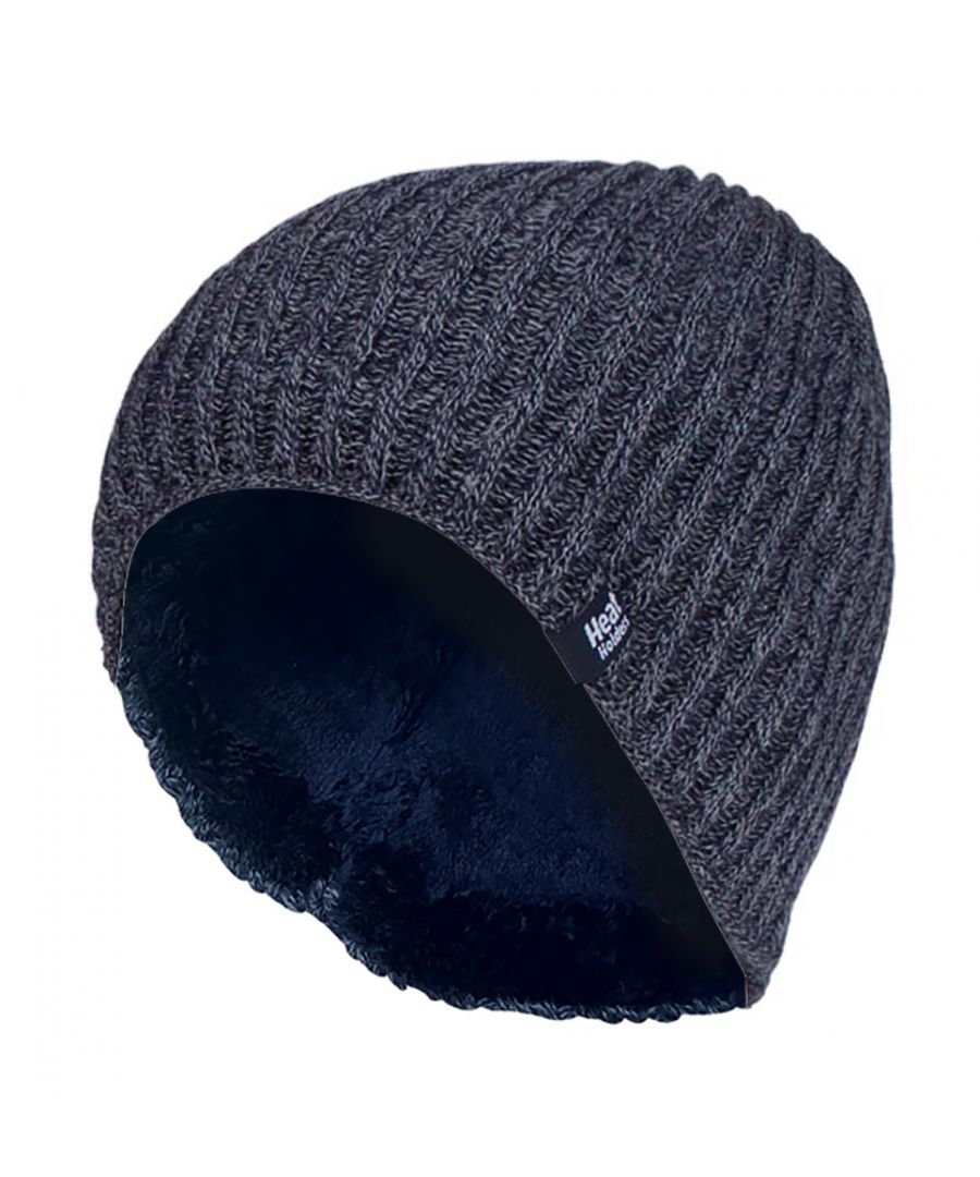 Heat Holders Fine Ribbed Beanie Hat  If you want a hat from the ultimate thermal clothing brand then browse through our range of hats, these finely ribbed thermal hats are a comfortable and perfect choice.  This Heat Holders ribbed fine rib knitted beanie hat has a fur-like plush insulation lining, called Heatweaver, that is even more effective at holding warm air in. This silky, soft fleece lined beanie doesn't just feel luxurious, it also assures you of warm ears in the harsh cold weather winter.  This all is made with the Heat Holders Yarn which is expertly made in order to keep you nice and warm, with its superior moisture wicking abilities and keep all the cold out. All these features guarantee that you are toasty warm throughout the cold weather. The fine rib construction makes it more secure around your head.  These thermal beanie hats are available in black, brown, charcoal and navy and are available in one size. They are machine washable and are predominantly made of acrylic.  Product Details  - Thermal hat beanie from Heat Holders. - Heatweaver lining. - Heat Holders yarn. - Fine rib design - Toasty warm ears. - Soft and comfortable fit. - One Size. - 4 Colours to choose between