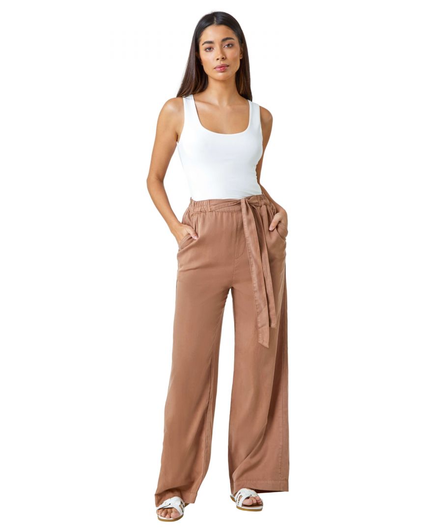 Roman Womens Tie Waist Wide Leg Trousers - Brown - Size 10 UK - Secret Sales