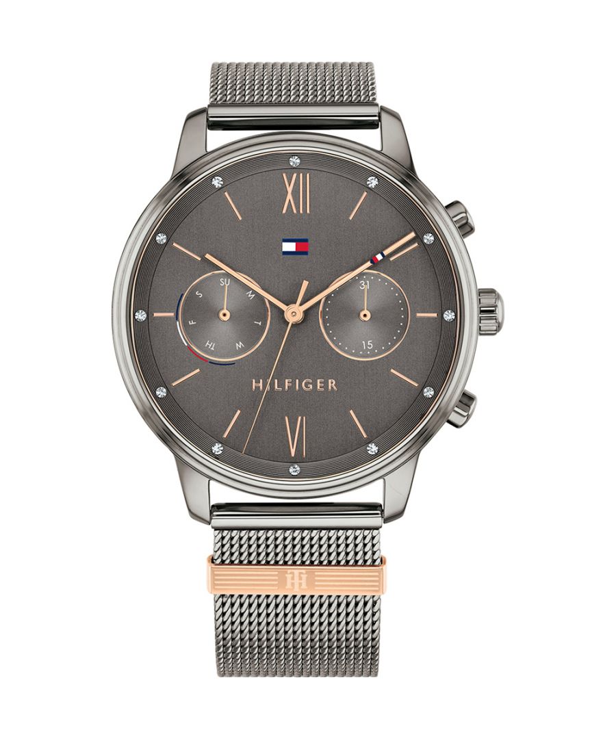 This Tommy Hilfiger Blake Multi Dial Watch for Women is the perfect timepiece to wear or to gift. It's Grey 38 mm Round case combined with the comfortable Grey Stainless steel watch band will ensure you enjoy this stunning timepiece without any compromise. Operated by a high quality Quartz movement and water resistant to 3 bars, your watch will keep ticking. Elegant and fashionable watch that is suitable for the daily life of every Women -The watch has a calendar function: Day-Date High quality 19 cm length and  18 mm width Grey Stainless steel strap with a Fold over clasp Case diameter: 38 mm,case thickness: 9 mm, case colour: Grey and dial colour: Grey