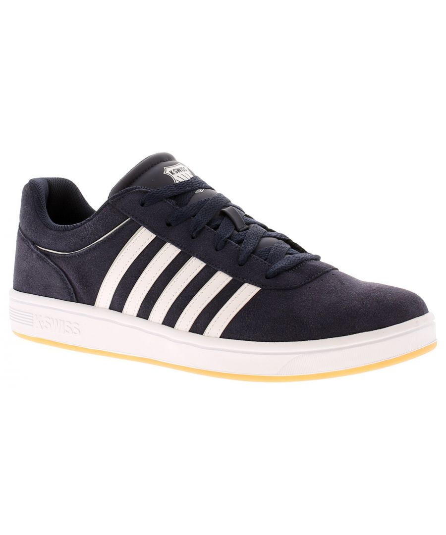 K-Swiss Court Cheswick Mens Suede Trainers Navy. Leather Upper. Fabric Lining. Synthetic Sole. Mens Gents Suede Lace Up 5 Strpe Comfort Trainer.
