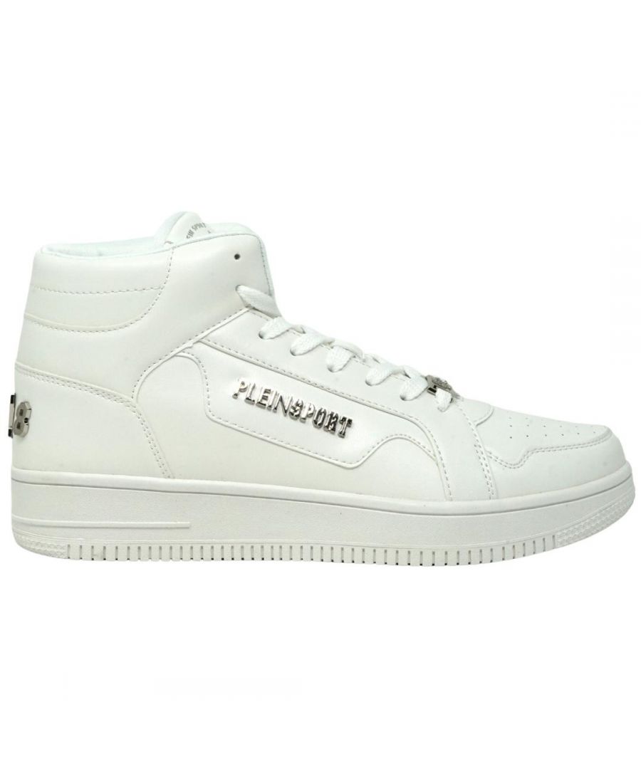 Plein Sport Logo White High Top Sneakers. Philipp Plein Sport White Trainers. Hi-Top Style. Rubber Sole, 100% Textile Upper. Metal Branding. Style Code: SIPS801 01