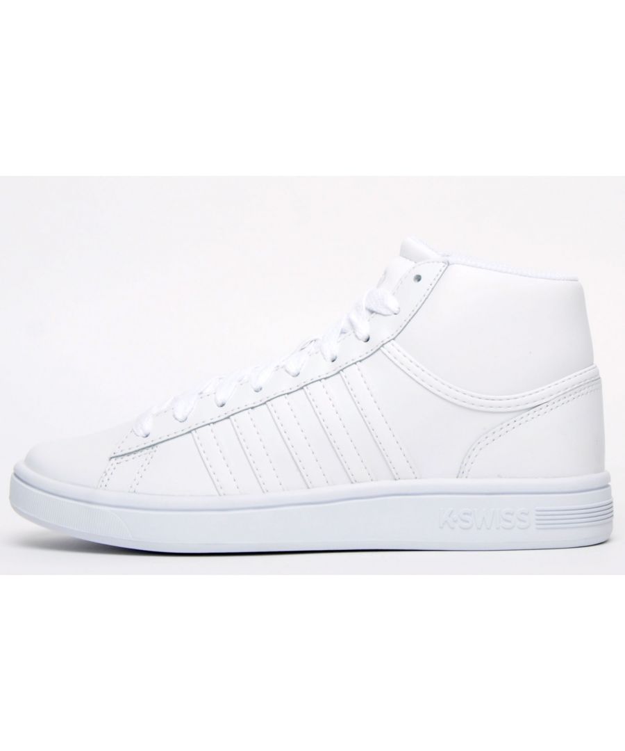 This K Swiss Court Winston is a classic court trainer upgraded with a modern mid cut silhouette constructed in a classic leather upper with the brand's iconic 5-stripe design adorning the sides with an embroidered shield on the tongue, delivering a pristine designer look which anyone would be proud to wear. The Court Winston Mid offers timeless style and a dynamic look.\n - Leather upper\n - Intricate stitch detailing delivers a designer look\n - Cushioned insole for increased comfort and support\n - Up-front lacing system delivers a safe and secure fit\n - Padded tongue and heel collar\n - K Swiss branding throughout.