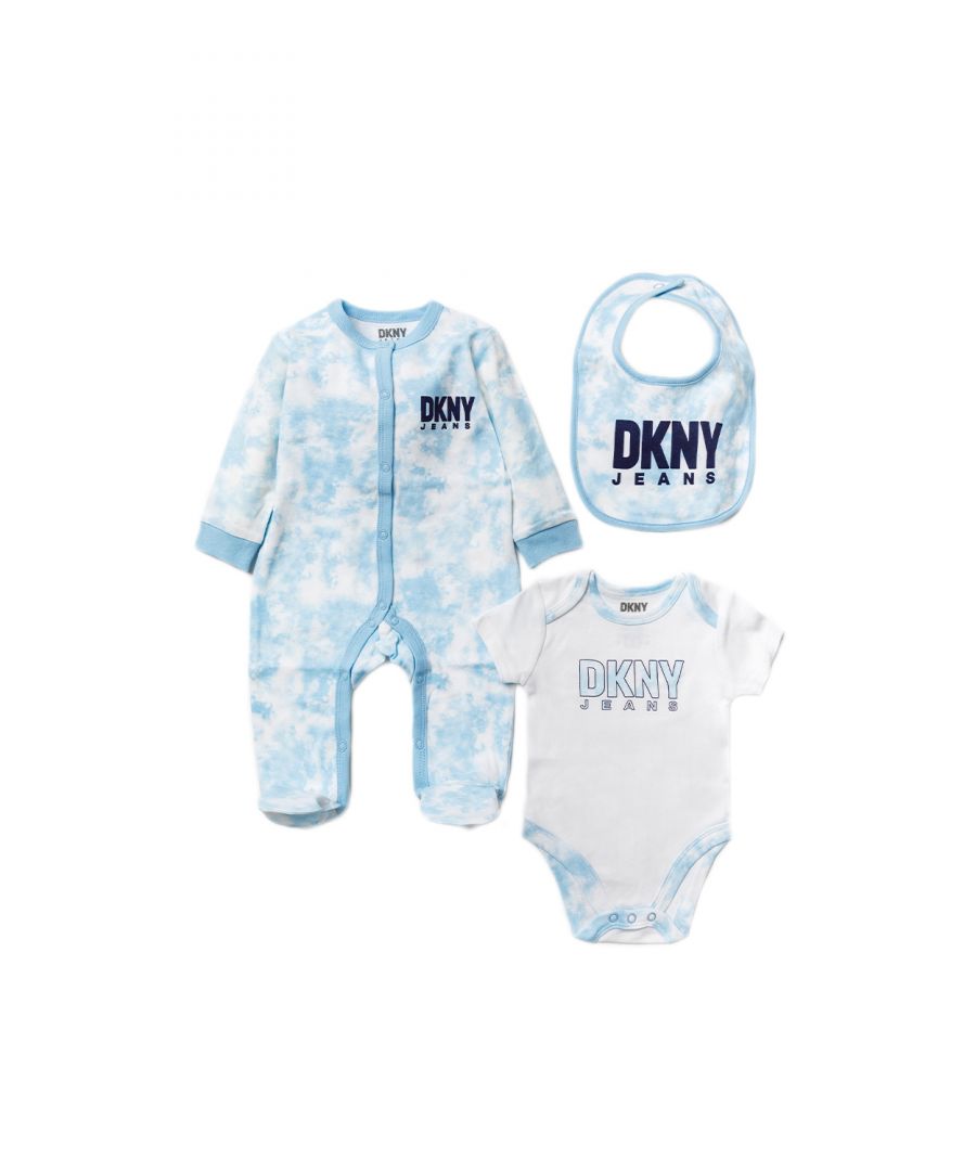 This adorable DKNY Jeans three-piece set includes a printed sleepsuit, bodysuit and a matching bib with the DKNY Jeans logo. The set is cotton, with popper fastenings, keeping your little one comfortable. This would make a sweet gift for the little one in your life!