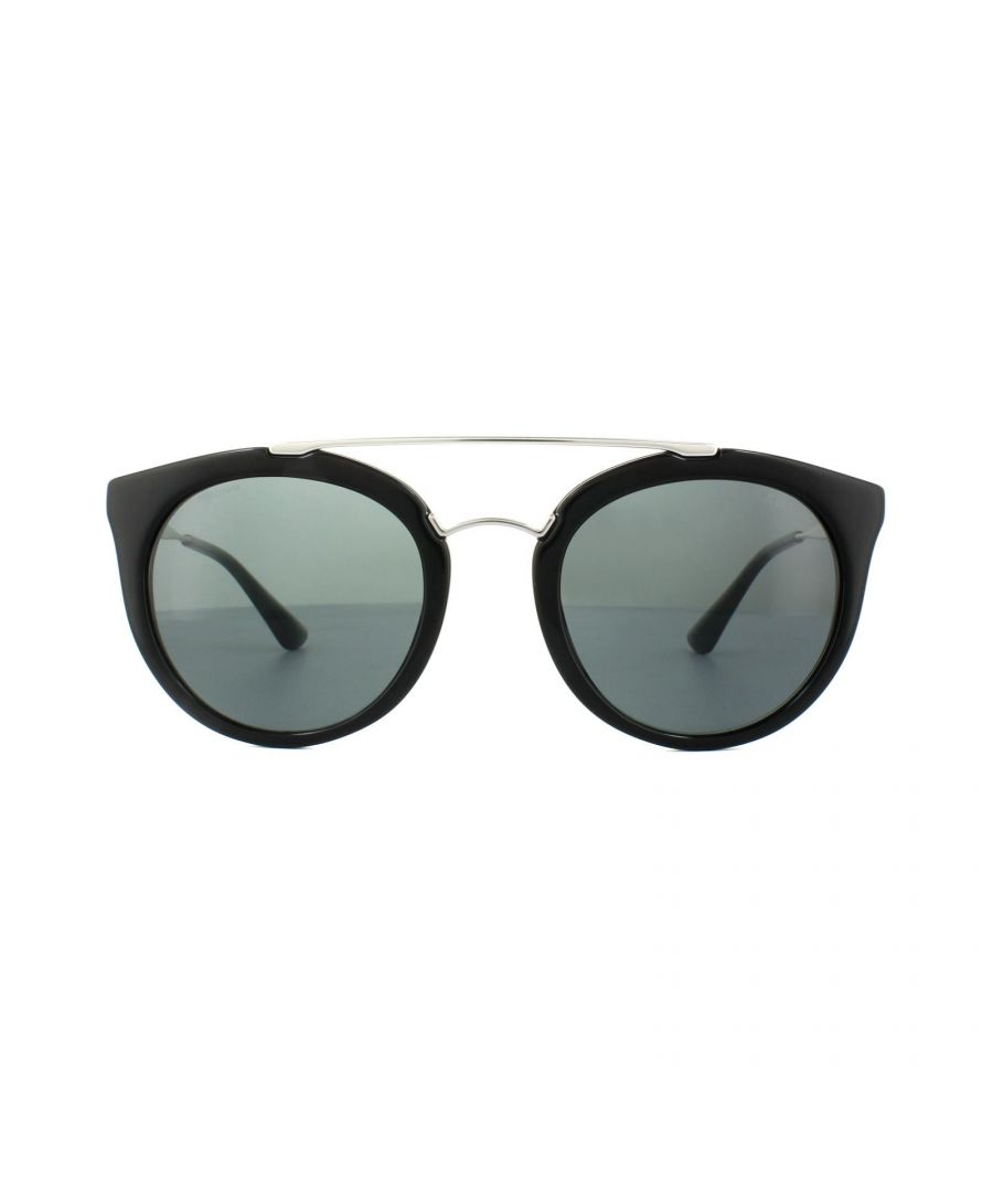 Prada Sunglasses PR23SS 1AB1A1 Black Grey are a double bridge style with the thin metal bridge details matching the temples and round lenses with cat's eye tweak to the corners.
