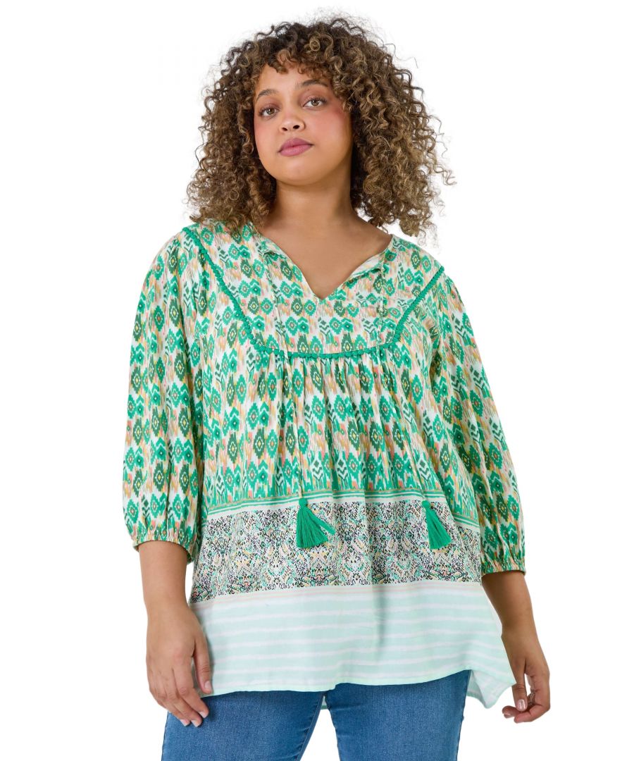 Roman Curve Womens Boho Print Tie Neck Top - Green - Size 18 UK