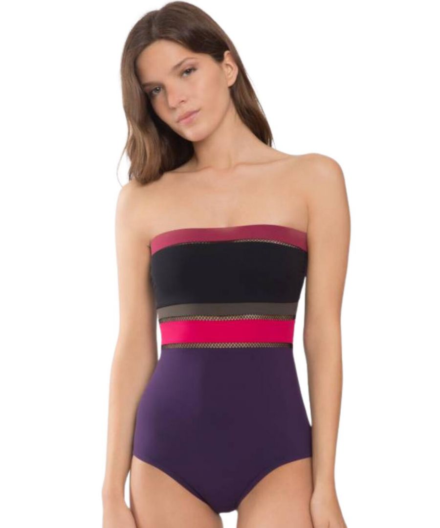 Maison Lejaby Womens R18138 Bayadere Bustier Swimsuit - Purple Elastane - Size 8 UK