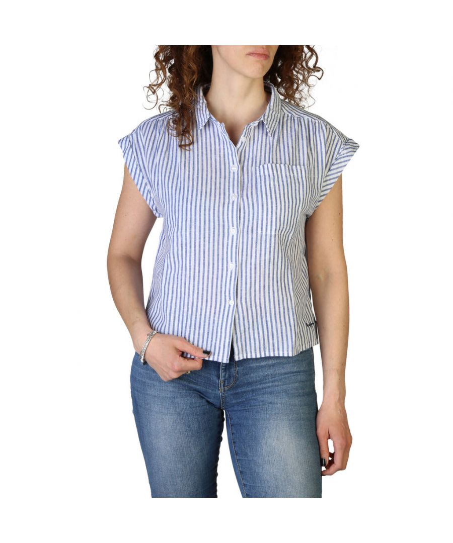 Collection: Spring/Summer   Gender: Woman   Type: Shirt   Fastening: buttons   Sleeves: sleeveless   External pockets: 1   Material: cotton 55%, linen 45%   Pattern: striped   Washing: wash at 30° C   Model height, cm: 175   Model wears a size: S   Details: visible logo