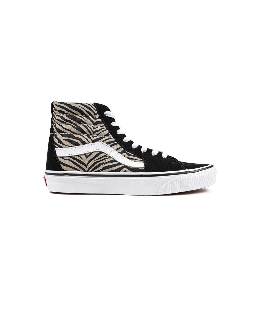 Womens black Vans sk8-hi trainers, manufactured with textile and a rubber sole. Featuring: padded collar, print upper detail, textile insole and vulcanized outsole.