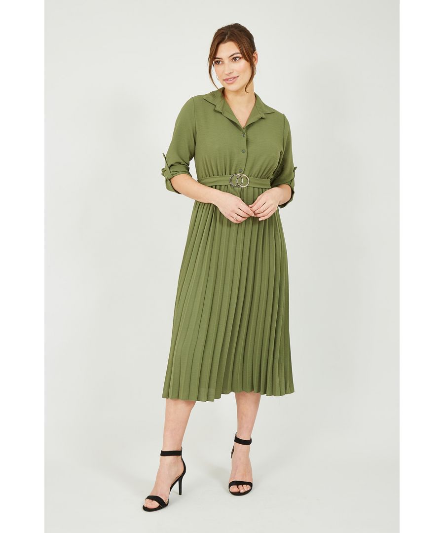 Midi shirt dress but make it new season. The perfect smart casual fit, this classic Mela design blends a belted shirt dress with a pleated midi skirt. Features a button through fastening, a waist cinching ring belt and shirt style collar. Match with ankle boots to complete the look.