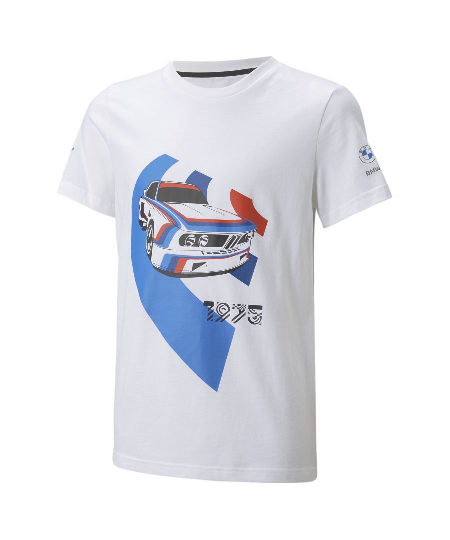 PRODUCT STORY. For car-crazy kids, this modern motorsport tee is an absolute must-have. Made from cosy cotton and featuring classic cutlines, a crew neck, bold BMW M Motorsport branding and vintage car graphics to celebrate the art and history of it all, it's a conversation starter that will have them feeling dressed to impress.DETAILS.Regular fit.Crew neck.BMW M Motorsport branding at chest.PUMA Cat Logo at right sleeve.