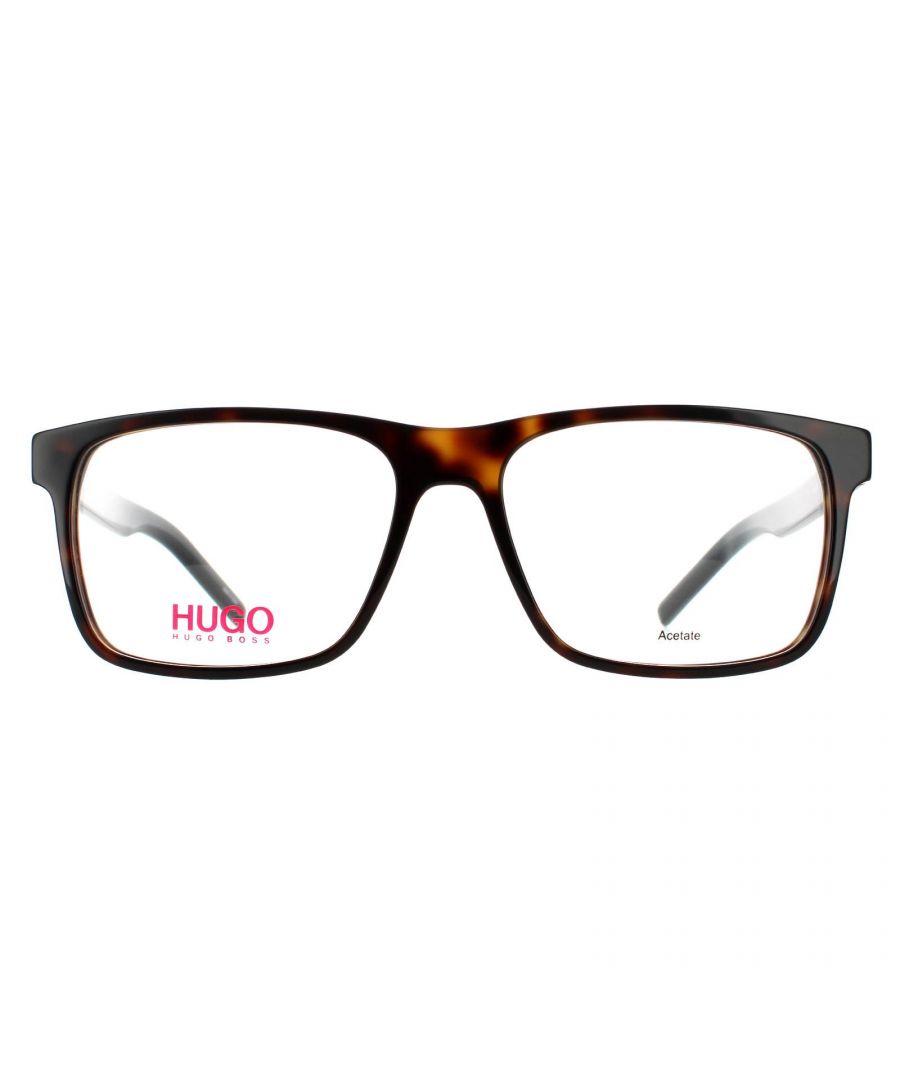 Hugo by Hugo Boss Square Mens Havana Glasses Frames HG 1014 are a classic square style crafted from lightweight acetate. Slim temples are engraved with the Hugo Boss logo for authenticity.