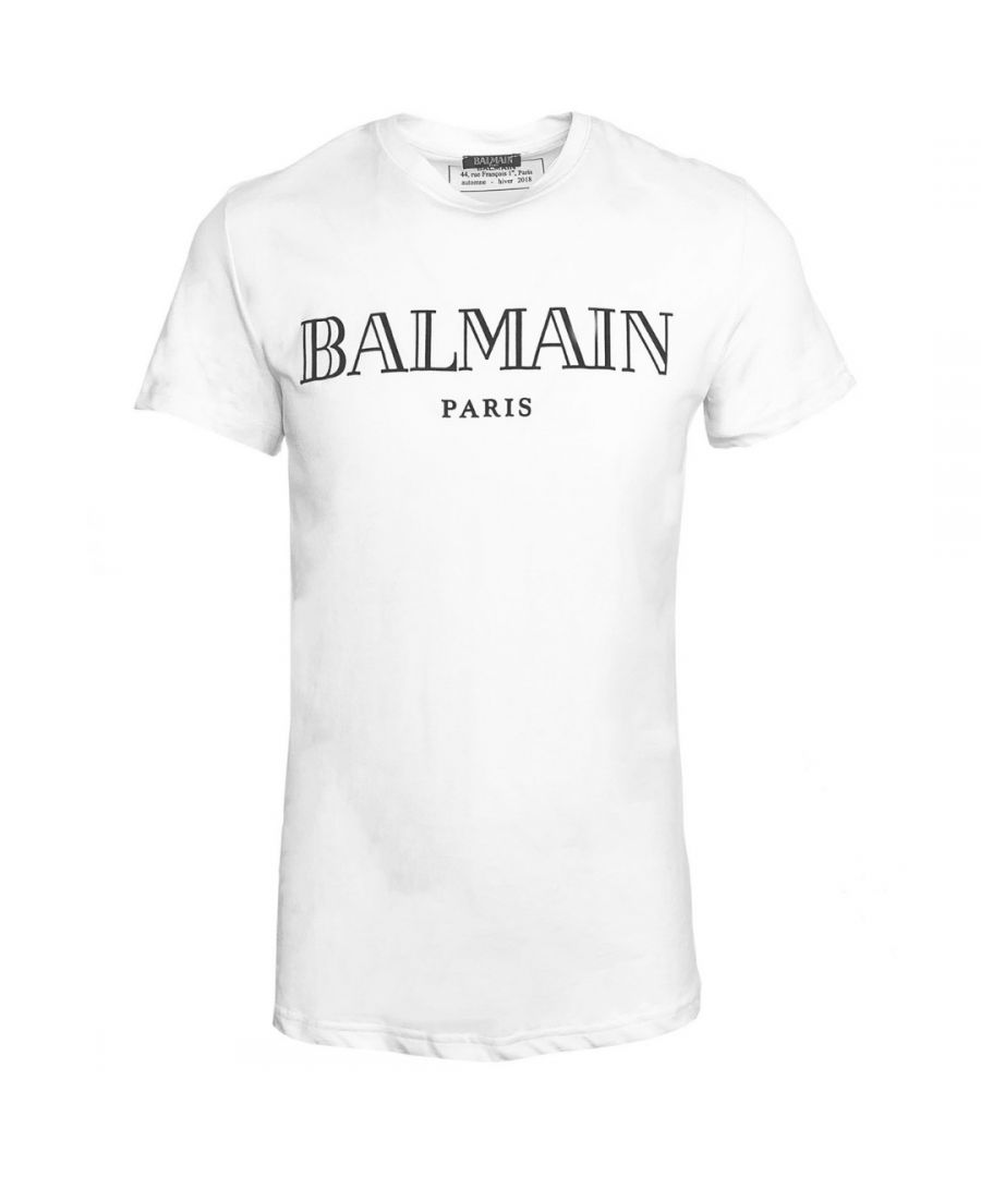 Balmain Logo Print White T-Shirt. Round Crew Neck Tee. 100% Cotton. Short Sleeves. Balmain Branding. Black Logo