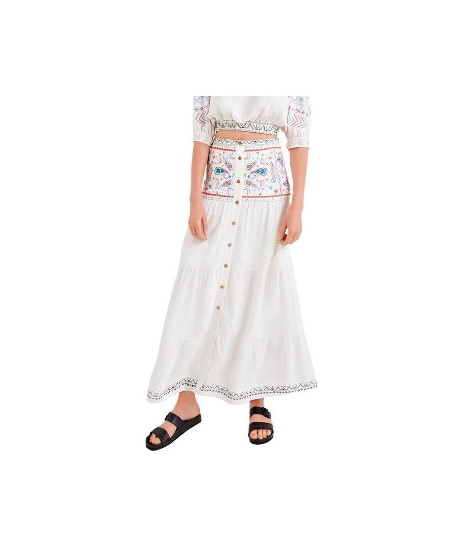 Brand: Desigual\nGender: Women\nType: Skirt\nSeason: Spring/Summer\n\nPRODUCT DETAIL\n• Color: white\n• Pattern: print\n• Fastening: buttons\n\nCOMPOSITION AND MATERIAL\n• Composition: -14% linen -86% viscose \n•  Washing: machine wash at 30°