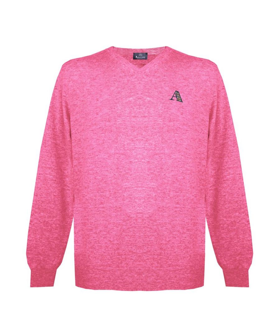 Aquascutum Mens Long Sleeved/V-Neck Knitwear Jumper with Logo in Pink - Size Medium