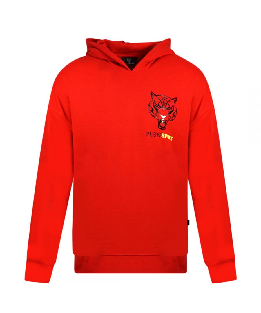Plein Sport Block Tiger-logo op de borst Rode hoodie. Philipp Plein sport rode hoodie. 52% katoen, 48% polyester. Plein-branding. Normale pasvorm, valt normaal qua maat. Stijlcode: FIPSC1317 52
