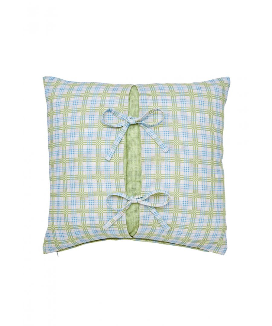 A pretty, striped check cushion with fabric tie detailing.