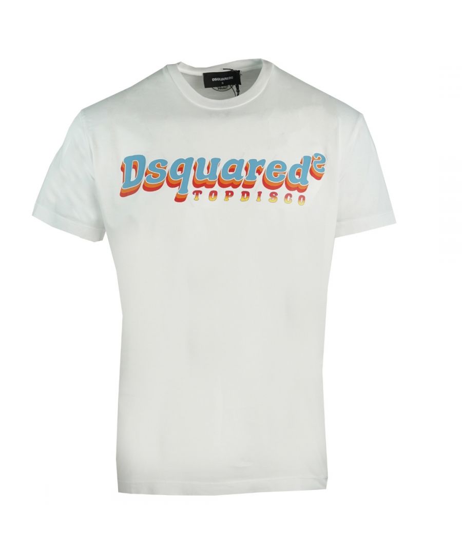 Dsquared2 Cool Fit wit T-shirt met 'Top Disco'-logo. D2 wit T-shirt met korte mouwen. Cool Fit-pasvorm, past volgens de maat. 100% katoen. Disco logodesign. S71GD0886 S22427 100