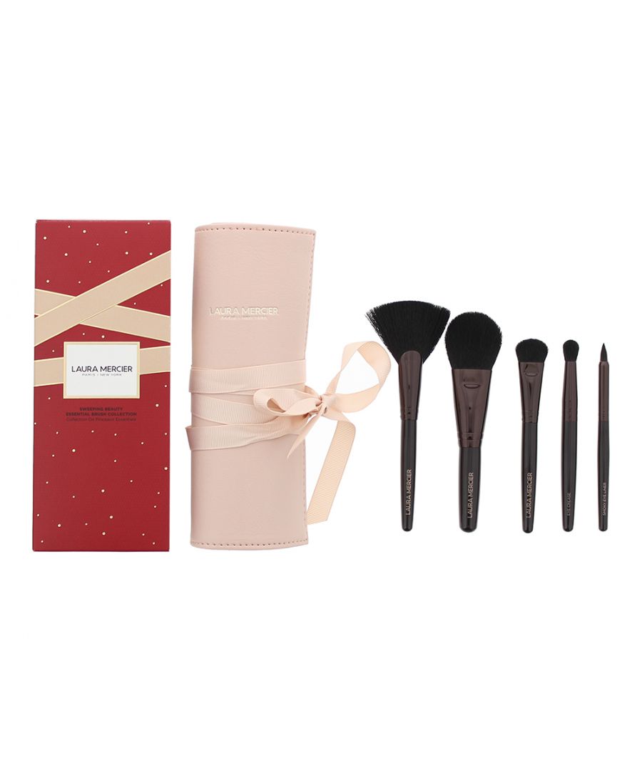 Laura Mercier Sweeping Beauty Essential Brush Collection includes 5 brushes for foundation, blush or contour, highlighter, eyes and brows in a supple pink clutch bound by a delicate ribbon.