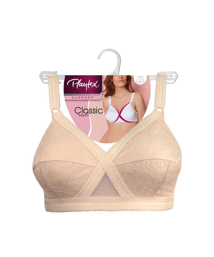 Cross your heart bra, this bra is non-wired and supportive.  This bra features sturdy, reinforced fabric layered with the beautiful lace cups with added under cup panels for support and uplift to flatter the bust.  The reinforced 'X' style and the wide adjustable straps provide support and has beautiful embroidery detailing in the centre.
