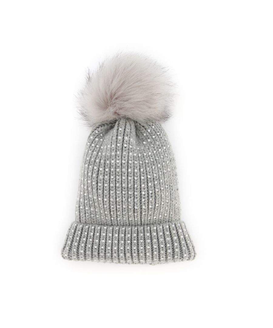 Add a subtle sparkle to chilly days. Cut from a soft, chunky knit with silver studs and a glamorous faux-fur pom-pom.