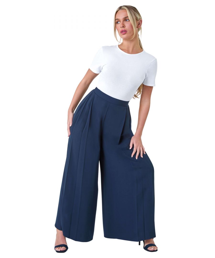 Roman Petite Womens Pleat Side Wide Leg Trousers - Blue - Size 8 UK