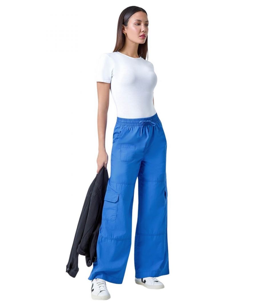 Roman Womens Elastic Waist Cotton Wide Leg Cargo Trousers - Blue - Size 12 UK