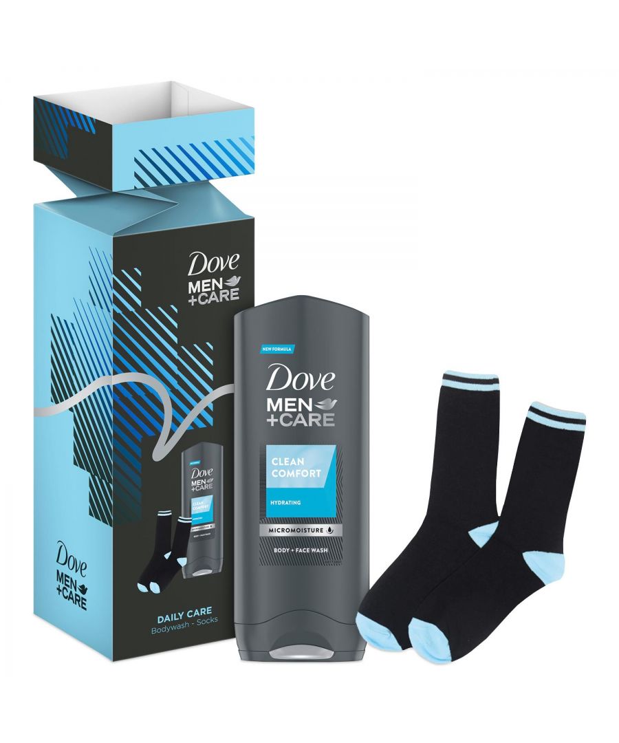 Dove Men+Care Clean Comfort Daily Care Body Wash & Socks Gift Set For Men\n\nLooking for something special for a man who likes to take great care of himself? Look no further you've found the perfect gift for him in the Dove Men+Care Daily Care Body Wash & Socks Gift Set. It's your way of showing him you care and keeping him feeling comfortable and protected all day long. Dove Men+Care celebrates a new definition of male strength: one with care at its centre. Because Dove Men+Care believes that care makes a man stronger, this gift set features a full-size Dove Men+Care body & face wash and a pair of exclusive socks that team up to protect his skin and keep him stylish and comfortable all day. \n\nNot only does Dove Men+Care Clean Comfort Face & Body Wash 250 ml leave him feeling refreshed, but it also gives him total skin hydration thanks to MicroMoisture technology which activates contact with the skin and helps prevent it from drying out after showering. Dove Men+Care means skin care products engineered for men, so you know he'll have comfortable, cared-for skin that's reliably fresh all day. No matter the occasion, give him the gift of self-care with this set of gifts for him from Dove.\n\nHow to Use: Squeeze some body wash into your hand. Work it into a lather with wet hands and massage all over your skin.\n\nGift Set Includes: \n1x Dove Men+Care Clean Comfort Face&Body Wash, 250ml\n1 Pair of Dove Men+Care Exclusive Socks