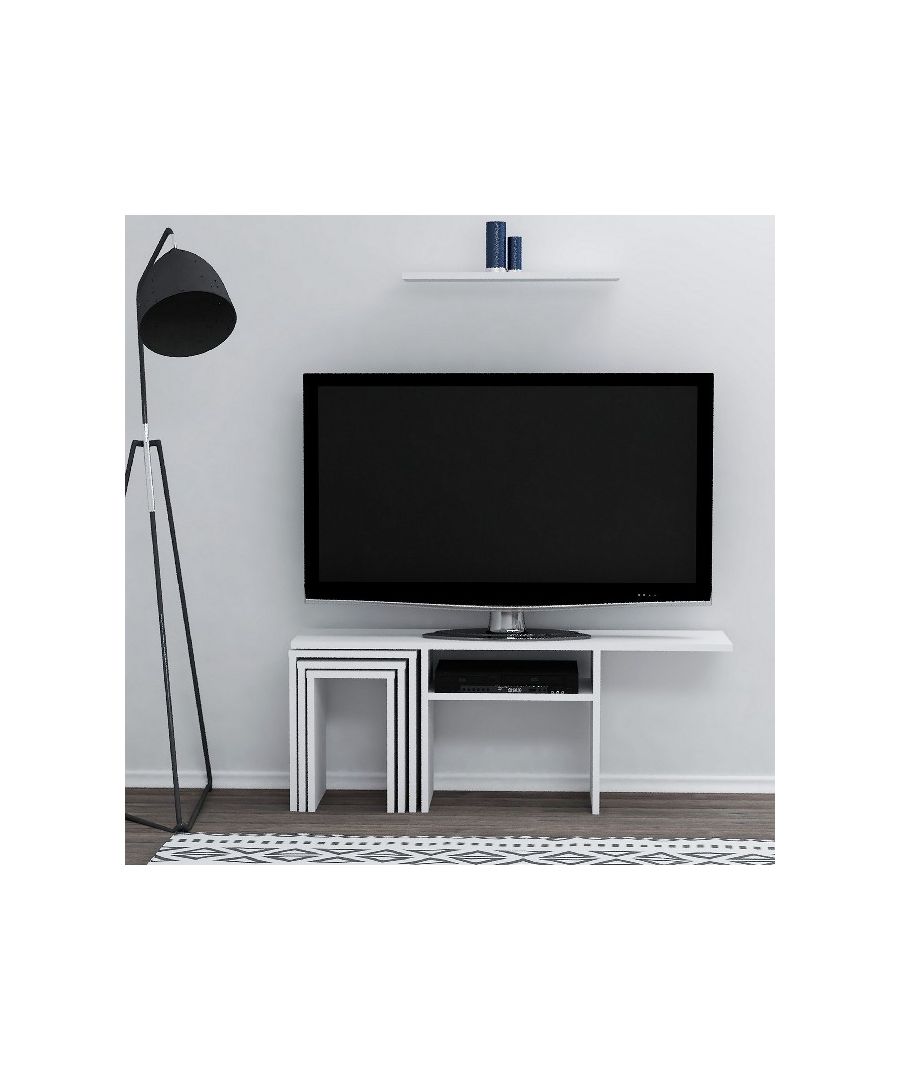 This stylish and functional TV cabinet is the perfect solution for television and all digital devices. Suitable for tidying up accessories. Thanks to its design it is ideal for the living area. Mounting kit included, easy to clean and easy to assemble. Color: White | Product Dimensions: W120xD29,5xH47,2 cm, W60xD14,5xH1,8cm | Material: Melamine Chipboard | Product Weight: 22 Kg | Supported Weight: TV Stand 15 Kg, 5 Kg for Coffee Table | Packaging Weight: 23 Kg | Number of Boxes: 1 | Packaging Dimensions: 129,8x33,5x11,8 cm.