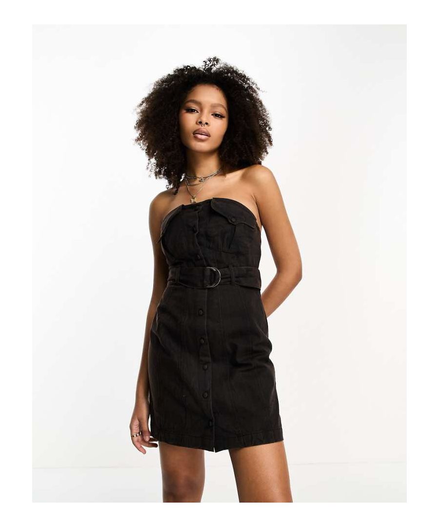 Asos Design Womens Utility Twill Button Through Mini Bandeau Dress With Belt Detail In Washed Black - Size 8 Uk