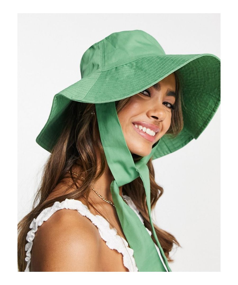 Bucket hat by ASOS DESIGN Top things off Bucket style Flat top Wide brim Tie straps  Sold By: Asos