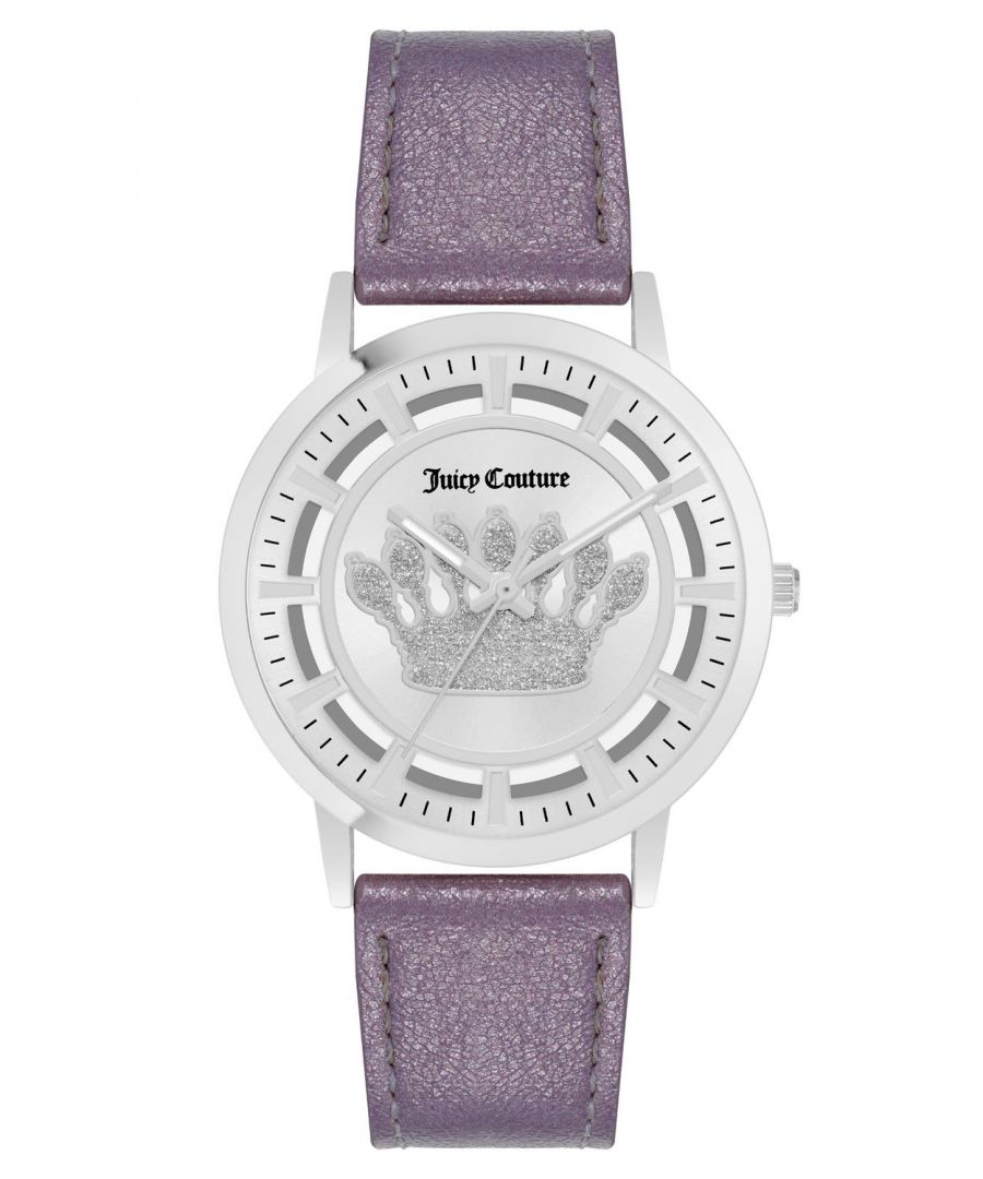 Juicy Couture Watch JC/1345SVLV\nGender: Women\nMain color: Silver\nClockwork: Quartz: Battery\nDisplay format: Analog\nWater resistance: 0 ATM\nClosure: Pin Buckle\nFunctions: No Extra Function\nCase color: Silver\nCase material: Metal\nCase width: 36\nCase length: 36\nFacing: Rhine Stone\nWristband color: Purple\nWristband material: Leatherette\nStrap connecting width: 18\nWrist circumference (max.): 21\nShipment includes: Watch box\nStyle: Fashion\nCase height: 8\nGlass: Mineral Glass\nDisplay color: Silver\nPower reserve: No automatic\nbezel: none\nWatches Extra: None