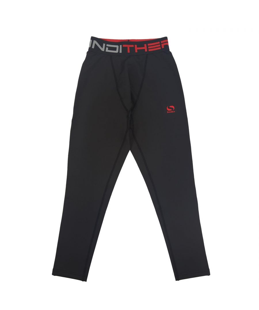 Kids base layer tights > Wide elasticated waistband > 92% Polyester, 8% Elastane > Fastening: Pull On > Training > Stretch > Flat lock seams > Compression fit > Sondico branding