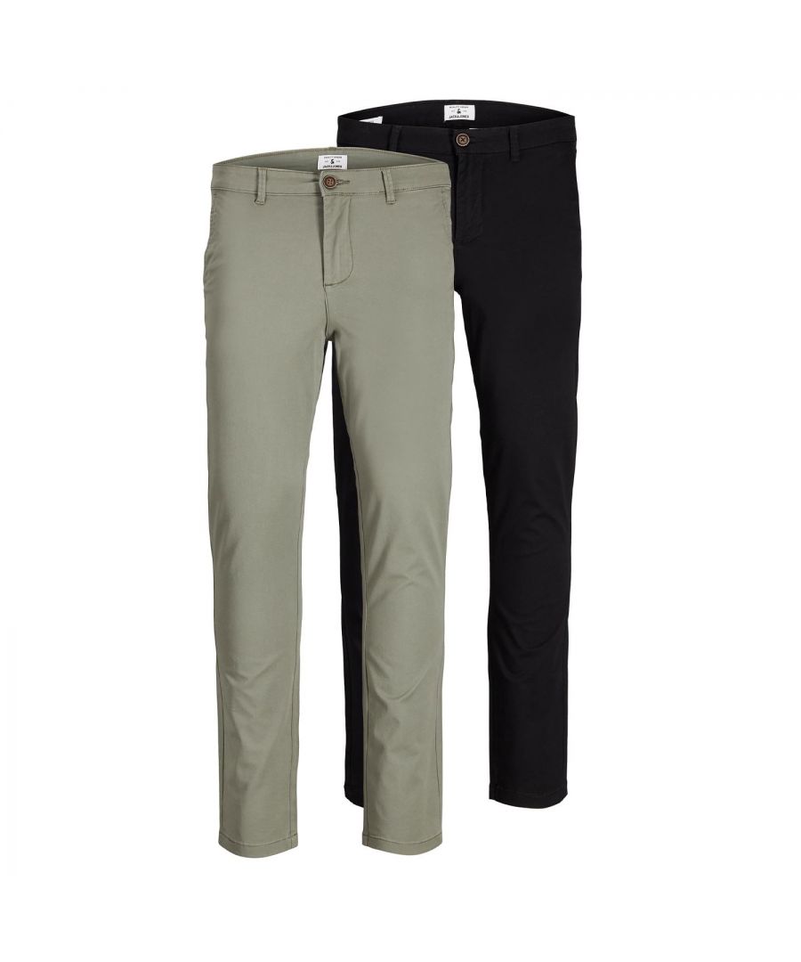 JACK&JONES Men's Multi-Pack Pants, Marco Paspel Pockets Low Rise Chinos, 2 Pack\n\nClassic trousers from Jack & Jones that can be combined with your entire wardrobe. It is made from strong cotton but is offset with a little elastane for better freedom of movement and greater comfort.\n\nSlim fit Marco: Marco is a refined slim fit with a tapered leg; perfect for a casual tailored look. The fit is narrow and leans through the thigh without feeling too tight.\n\nStretch fabric: Stretch fabric is made mainly from cotton with a little bit of elasticity added to it. You get an authentic look with added comfort.\n\n\nFeatures:\nMen’s chinos\nPaspel pockets\nLow rise, slim thigh and tight leg opening\nStretch ensures great comfort\n\n\nSpecifics:\nMaterial: 98% Cotton, 2% Elastane\nProduct Code: 12180705\nAvailable Sizes: 28W/30L, 28W/32L, 30W/30L, 30W/32L, 32W/30L, 32W/32L, 32W/34L, 34W/30L, 34W/32L, 34W/34L, 36W/32L, 36W/34L, 28W/30L, 28W/32L, 30W/30L, 30W/32L, 32W/30L, 32W/32L, 32W/34L, 34W/30L, 34W/32L, 34W/34L, 36W/32L, 36W/34L\n\nWashing Instruction:\nMachine wash at 40°C under gentle wash programme\nDo not bleach\nTumble dry on low heat settings\nHang dry\n\n    \nIron Temp: High temp. iron. Highest temp. 100°C\n\nNote: Do not bleach, Dry clean (no trichloroethylene)\n\nPackage Includes: 2 multi-pack Jack&Jones Men's Marco Chinos