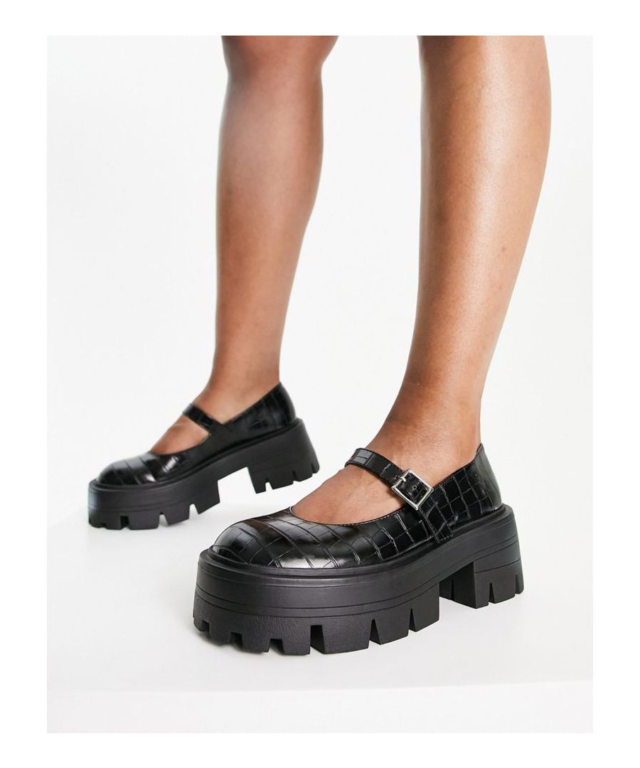 Shoes by ASOS DESIGN The scroll is over Mock-croc design Pin-buckle ankle strap Round toe Chunky sole Wide fit Sold by Asos